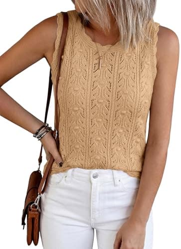BTFBM Crochet Tops for Women Sleeveless Knit Sweater Vest Tank Top Summer Spring 2026 Cover Ups Beach Vacation Clothes(Khaki, Large) - Image 1