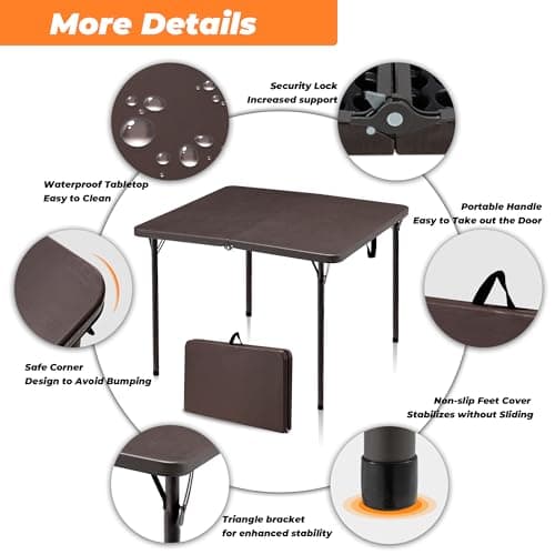 Outspurge 34" Folding Table, Portable Square Camping Card Table with Collapsible Legs & Carrying Handle, Plastic Tables for Outdoor Cooking,Camping,Picnic, Office, Party, Brown - Thumbnail 5
