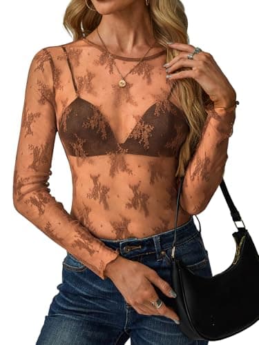 GKBK Womens Mesh Long Sleeve Tops Crew Neck Sexy See Through Tee Dressy Casual Shirts Party Club Night Lace Blouse Western Wear Outfit Clothes Going Out Clothing Brown XXL - Thumbnail 5