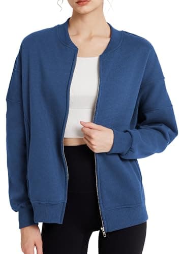 GEMLON Womens Zip Up Sweatshirts Jackets Long Sleeve Casual Loose Outwear with Pockets Blue XL - Thumbnail 4