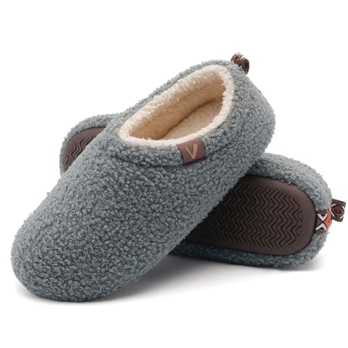 VANSARTO Women’s Fuzzy Memory Foam Slippers with Cozy Curly Fur and Warm Fleece Lining Closed Back Non-Slip House Shoes Lightweight Soft Comfy Indoor Bedroom Slippers, Grey - Image 1