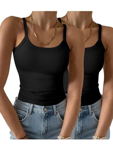 GKBK 2 Pack Womens Sleeveless Tank Top Form Fitting Spaghetti Strap Scoop Neck Ribbed Knit Workout Lounge Basic Slim Fitted Crop Summer 2025 Cami Layering Casual Shirts Black S - Image 1