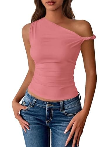 BTFBM Off The Shoulder Tops for Women 2026 Cute Summer Casual Sleeveless Slim Fit y2k Spring Outfits Going Out Tank Top(Pink, Large)