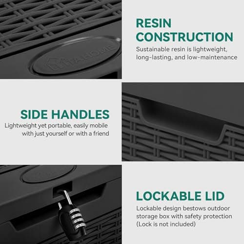 YITAHOME 32 Gallon Rattan Deck Box, Indoor Outdoor Storage Box for Patio Furniture, Pool Accessories, Cushions, Garden Tools, Sports Equipment, Waterproof Resin with Lockable Lid & Side Handles, Black - Thumbnail 4