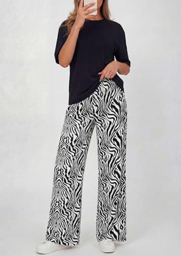 PRETTYGARDEN Women's 2 Piece Lounge Sets Summer Casual Short Sleeve Tops Leopard Flowy Pants Pajamas Vacation Travel Outfits (White Zebra Print,XXL) - Thumbnail 5