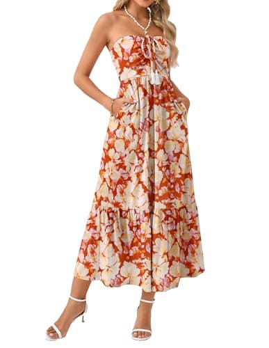 GRACE KARIN Summer Maxi Dresses for Women 2026 Floral Strapless Tube Top Boho Dress Flowy Beach Vacation Clothes with Pockets Orange 2XL - Image 1
