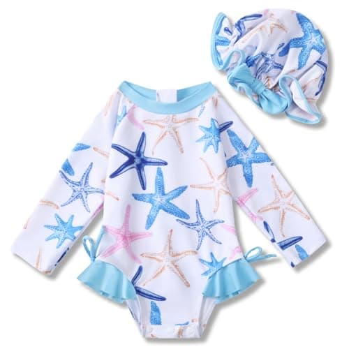 AMAWMW Infant Baby Girl Swimsuit Long Sleeve One-Piece Swimwear with Hat Rash Guard Floral Zipper Bathing Suit Beach Wear - Image 1