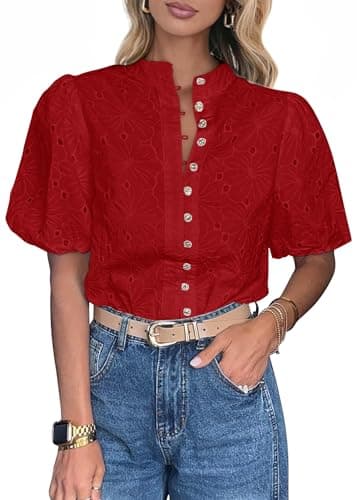 Lazysmile Summer Boho Tops for Women Short Sleeve V Neck Button Down Hollow Out Lace Embroidered Blouses Shirts - Image 1