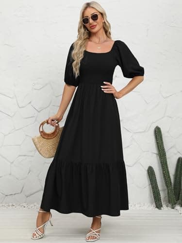 Lyrur Dresses with Pockets Square Neck Puff Sleeve Smocked Dress Summer Casual Boho Ruffle Long Maxi Sundress(M,7017-Black) - Thumbnail 2