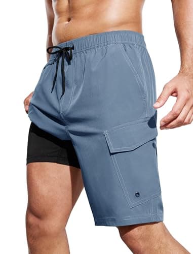 SILKWORLD Men's Swim Trunks with Compression Liner Cargo Pockets Swimming Shorts 9 in Bathing Suits for Beach, Pool, Vacations, Grey Blue, Medium - Image 1