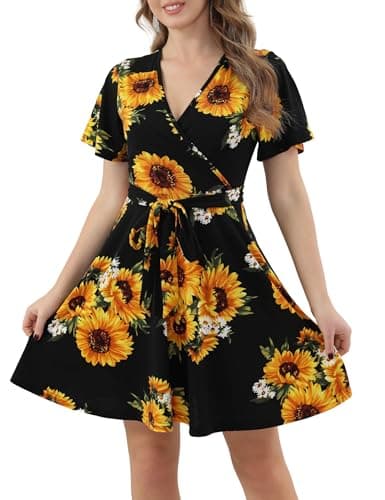 Aphratti Women's Spring Summer Floral Faux Wrap Dress V Neck Short Sleeve High Waist Fit and Flare Casual Swing A Line Sundress Black Sunflower Small - Image 1