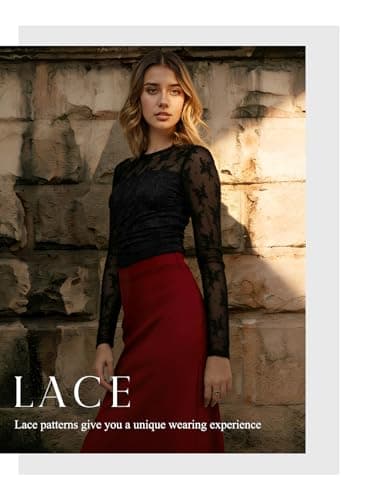 Women’s Lace Long Sleeve Tops Sexy Mesh Sheer Crew Neck Going Out Double Layered Blouse Black - Thumbnail 5