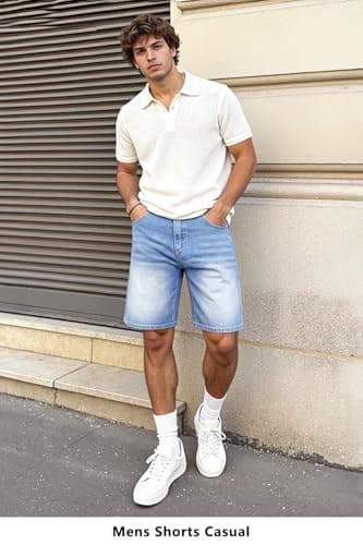Heyfanee Mens Baggy Jean Shorts, Jorts Men Casual Denim Shorts for Men Relaxed Fit Washed Blue 32 - Thumbnail 4