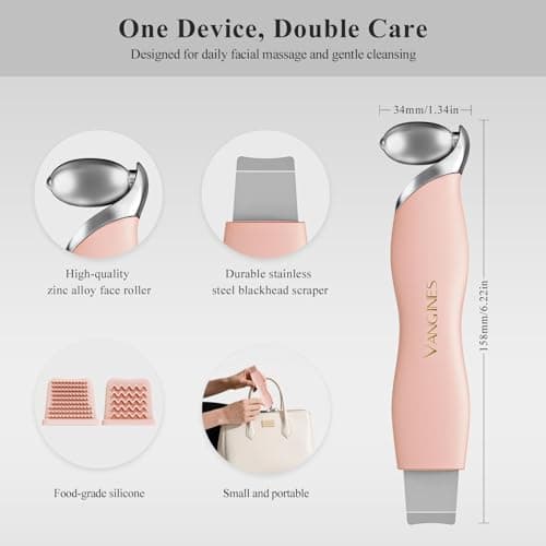 Vangines Blackhead Scraper Tool & Skin Scrubber Face Spatula for Blackhead Removal, Pore Cleaning, with Cooling Ice Roller & 2 Silicone Brush Heads (Dusty Rose) - Thumbnail 3