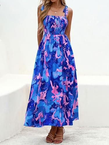 PRETTYGARDEN Womens Summer Dresses Floral Sleeveless Smocked Maxi Dress Boho Spaghetti Strap A Line Flowy Beach Long Sundress(Royal Blue,XX-Large) - Thumbnail 3