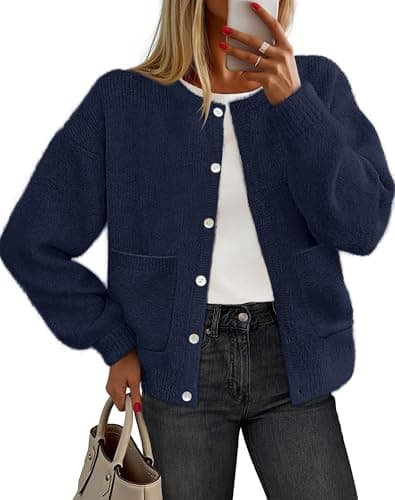 MEROKEETY Women's Long Sleeve Knit Cardigan Sweaters 2025 Fall Crewneck Button Open Front Jackets with Pockets, Navy, X-Large - Image 1