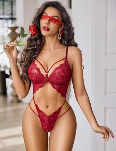 Avidlove Sexy Lingerie for Women Deep V Lace Teddy Cutout One Piece Bodysuit Wine Red M - Thumbnail 5