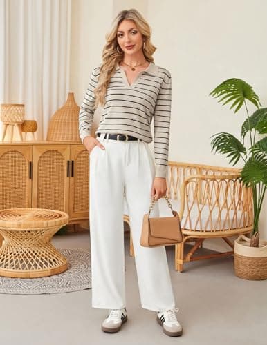 Kate Kasin Black Apricot Striped Long Sleeve Sweaters for Women, V Neck Knitted Tops, Lightweight Collared Sweater Shirts M - Thumbnail 6