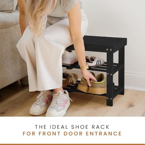 Leaf & Grain Bamboo Shoe Rack - Shoe Storage Bench for Front Door Entrance – Entryway Bench with Shoe Shelf, Shoe Storage Organizer, Wooden Shoe Rack, Durable Shoe Bench for Home (Black) - Thumbnail 6
