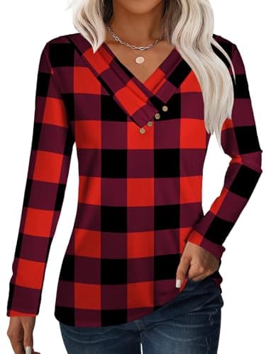 GKBK Women Long Sleeve Tunic Tops for Leggings V Neck Button Loose T Shirts 2026 Dressy Business Casual Blouse Pullover Sweatshirt Work Cute Trendy Sweater Outfit Clothes Black Red Plaid L - Image 1