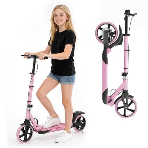 Scooter for Kids, Lightweight Foldable Kick Scooter, 4-Level Adjustable Handlebar, 8-Inch Large Wheels with Shock Absorption, for Ages 6 and Up (deep Pink) - Image 1