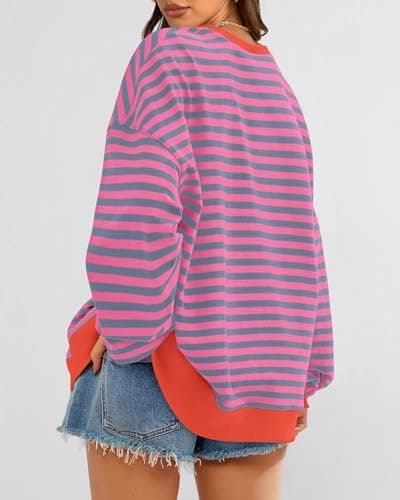 BTFBM Womens Oversized Striped Sweatshirt 2026 Spring Crewneck Long Sleeve Pullover Top Casual Y2K Clothes Workout Shirt(Rose Red Grey Blue, Medium) - Thumbnail 2