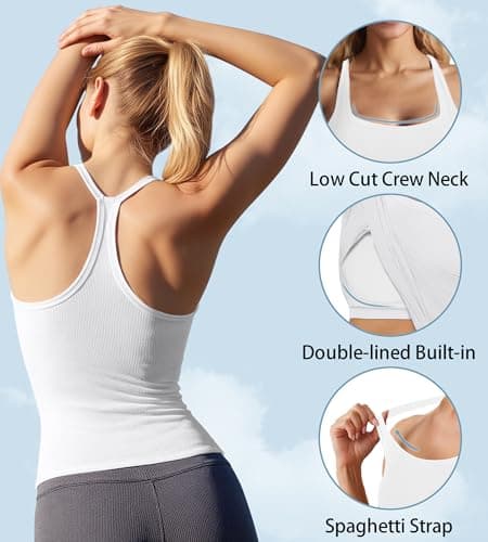 ZYQEXA Workout Tank Tops for Women with Built in Bra, Loose Sleeveless Gym Tops Seamless Racerback Athletic Yoga Shirts, White, M - Thumbnail 4