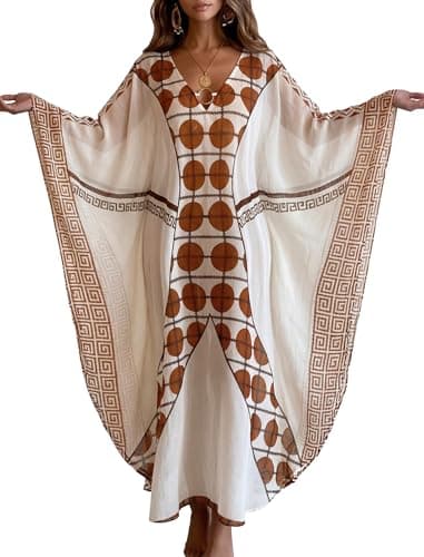 ZAFUL Kaftan Dresses for Women Moo Moos Plus Size O Ring V Neck Batwing Sleeves Beach Cover Ups Hawaii Summer Vacation Outfits Caftan Maxi Dress Loungewear Bohe Brown - Image 1