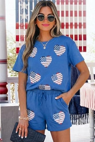 MYHALF 4th of July Sets for Women Sequin Star Graphic Shirt and Shorts Patriotic Outfits 2 Piece Short Sleeve Lounge Set - Thumbnail 4