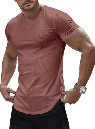 JMIERR Mens Short Sleeve Classic T Shirt Muscle Slim-Fit Crewneck Longline Tees Shirts for Gym Workout Athletic, US 50(2XL), Tan Red - Image 1