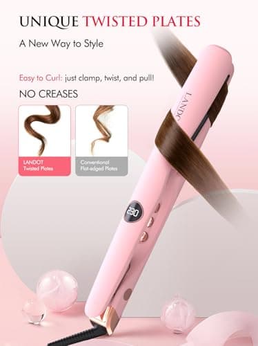 LANDOT 2-in-1 Hair Straightener and Curler - Pro 1" Multi-Styler with Twist & Curl Technology, Tourmaline Ceramic, Dual Voltage Adjust Temp 250-450°F for All Hair Types, Blush Pink - Thumbnail 3