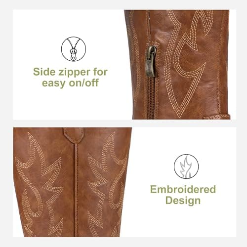 Jeossy Women's Brown Cowboy Boots Embroided Western Cowgirl Boots Round Toe Knee High Pull on Wide Calf Shoes with Inside Zipper Size 7 (DJY9809 brown 07) - Thumbnail 4