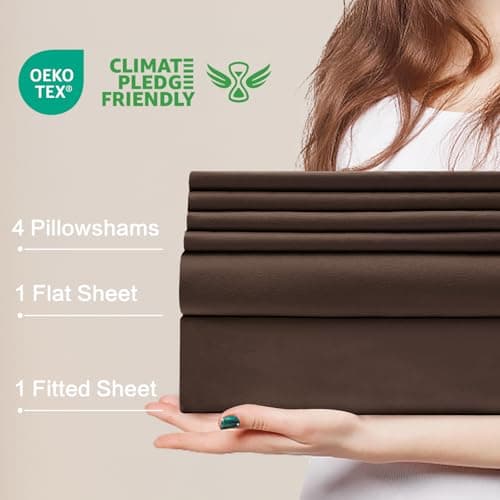 USXIBEI 6 Piece Full Sheet Set – Breathable & Cooling Bedding Set with 18-24 Inch Deep Pockets - 1 Flat & 1 Fitted Sheet & 4 Pillowcases（Full Dark Brown - Thumbnail 4