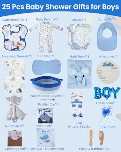 25-Pcs Luxury Baby Boy Gift Basket Set, Blue (0-12M Newborn) | Premium Baby Shower Gifts with Keepsake Memory Book. Ultimate Newborn Essentials in Woven Basket for Unforgettable Welcome Mom Gift - Thumbnail 2