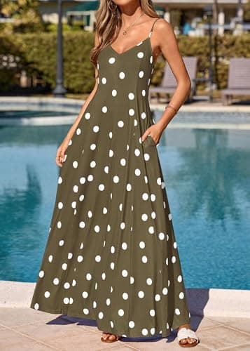 KIRUNDO Boho Maxi Dress for Women Summer Spaghetti Strap V Neck Polka Dot Flowy Long Beach Vacation Sundress with Pockets(Army Green, Small) - Thumbnail 3