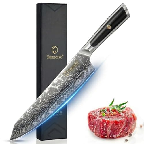 Sunnecko 8 Inch Japanese Damascus Chef Knife - Professional VG10 Super Steel Kitchen Gyuto, Ultra Sharp Meat Vegetable Slicing Cuchillo, Full Tang Ergonomic Handle, Premium Mom Gift Box for Cooking - Image 1
