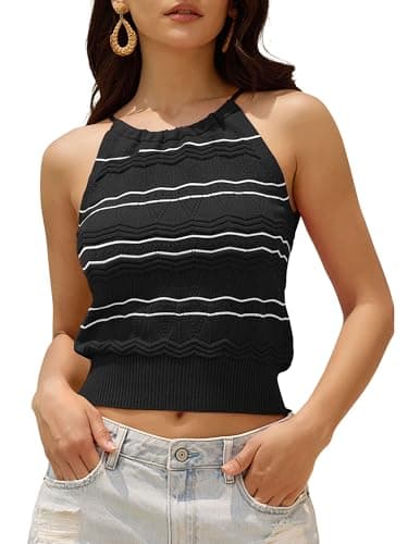 ZAFUL Womens Summer Halter Backless Knit Tops Trendy Crewneck Hollow Out Teens Old Money Sweater Crop Shirts 2025 Black XS - Image 1