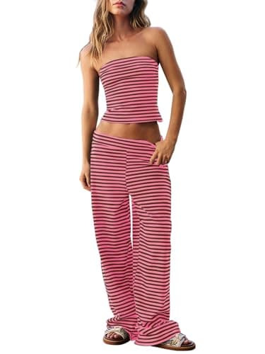 Dokuritu Summer Sets for Women Low Waist Sleeveless Striped Tube Top & Pant Sets for Women Clothing Two Piece Beach Vacation Date Nights & Airport - Image 1