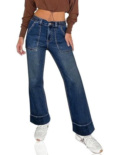 YABNILL Women's High Waisted Wide Leg Jeans Casual Stretchy Sweat Pant Denim Pants with Pockets Trendy 2025 Fall Dark Blue - Thumbnail 2