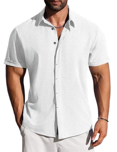LETSEE Mens Button Down Short Sleeve Shirt Linen Casual Beach Hawaiian Summer Dress Shirts Clothing, White, XXL - Image 1