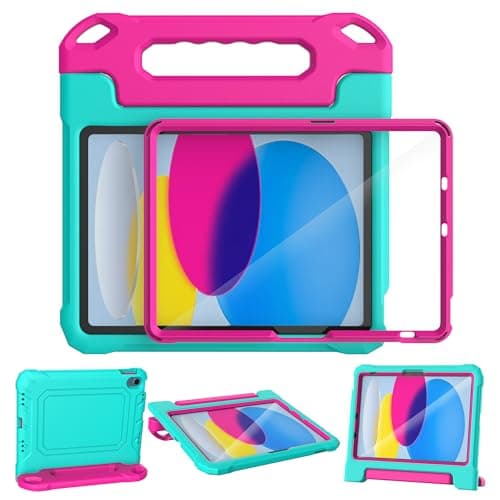 YIHE Kids Case for iPad (A16) 11th Generation 11 Inch 2025 & iPad 10th Generation 10.9 inch 2022, with Built-in Screen Protector and Handle Stand, Full Body Shockproof Protective Cover, CyanPink - Image 1