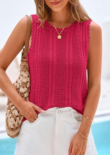 KIRUNDO Beach Vacation Clothes for Women Spring Summer Crochet Sweater Vest Tank Tops Cover Ups Resort Cruise Outfits 2026(Rose Red, XX-Large) - Thumbnail 5