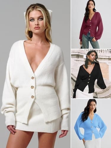 Saodimallsu Womens Cardigan Sweaters Open Front 2025 Chunky Button Down V Neck Sweater Winter Knit Ribbed Outwear Navy - Thumbnail 5