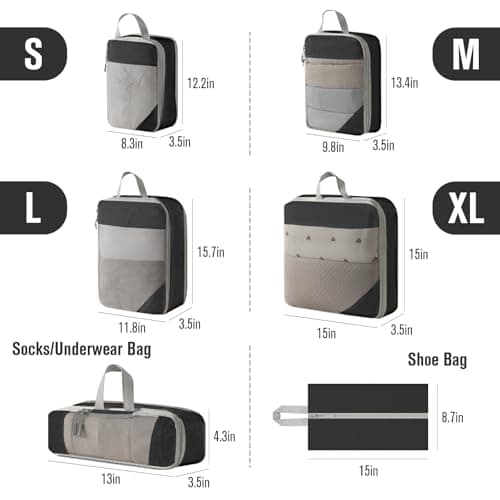 WOOMADA Compression Packing Cubes for Suitcases Travel Essentials 6 Set Rectangle Mesh Expandable Travel Bags Organizer for Luggage(Charcoal) - Thumbnail 2