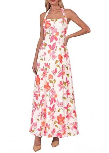 KIRUNDO Women Halter Floral Maxi Dress 2026 Summer Wedding Guest Cocktail Party Sleeveless A Line Beach Vacation Sundress(White, XX-Large) - Image 1