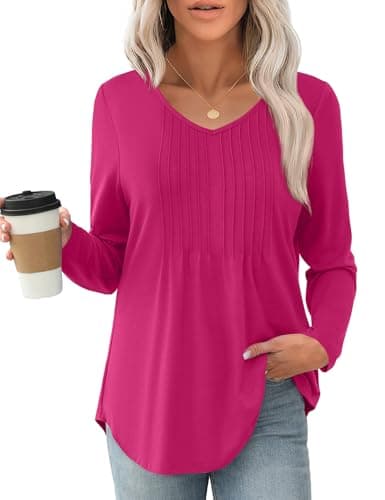JUSTFASHIONNOW Long Sleeve Tops for Women Fall Shirts V Neck Trendy Casual Tunic Rose Red Pleated Blouse Business Dressy Outfits Tops for Leggings (Rose Red, Medium) - Thumbnail 4