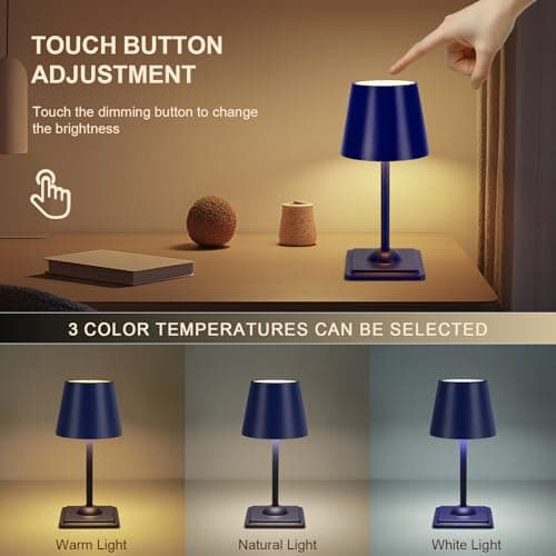 SOUDFK Cordless Table Lamp,3 Color Dimmable Desk Lamp,Small Rechargeable Light for Bedroom, Nightstand(Sapphire Blue,1 PC) - Thumbnail 3