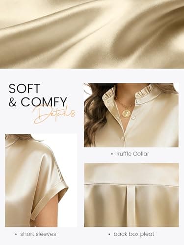 Funlingo Womens Tops Short Sleeve Button Down Shirts Dressy Casual Ruffle Collar Satin Silk Blouses 2026 Summer Fashion Clothes Geometric White 2XL - Thumbnail 6