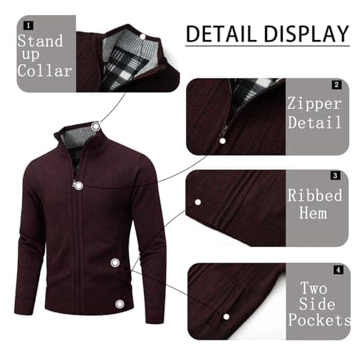 AKuVoL Men's Full Zip Cardigan Sweater Cable Knit Long Sleeve Stand Collar Casual Regular Fit Sweaters Outerwear Wine Red S - Thumbnail 3