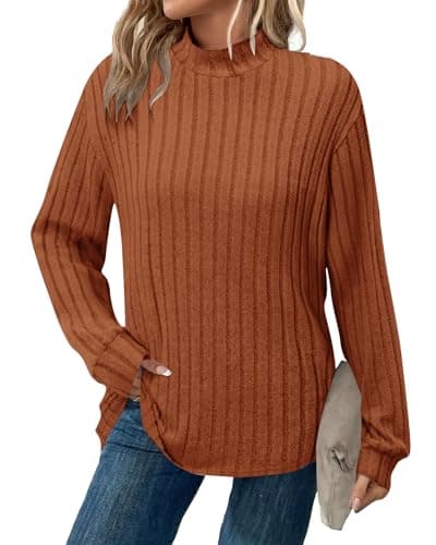 WNEEDU 2026 Winter Women's Long Sleeve Soft Mock Turtleneck Shirts - Trendy Comfortable Tops for Party(Caramel,M) - Image 1